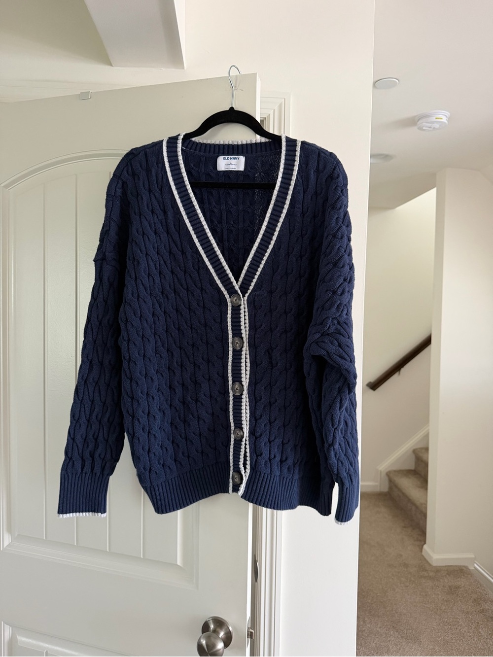 Old Navy Navy Cable Knit Cardigan with White Trim